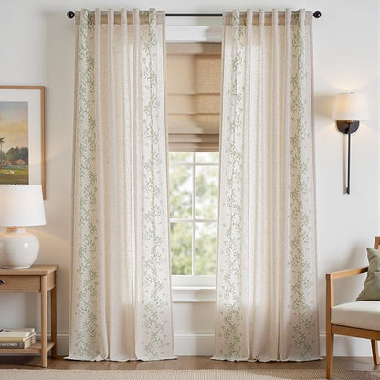 jinchan Evelyn Embroidered Linen Curtains for Living Room Farmhouse Floral Curtains for Bedroom Semi Sheer Light Filtering Window Drapes Rod Pocket Back Tab 2 Panels W50 x L96 Sage Green
