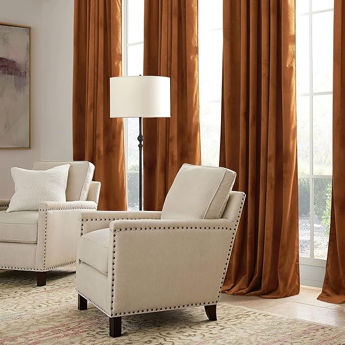 RYB HOME Velvet Curtains 108 inch, Room Darkening Window Curtains for Living Room Thermal Insulated Privacy Backdrop with Back Tab Loop for Bedroom, Golden Oak, W52 x L108 inch, 2 Panels