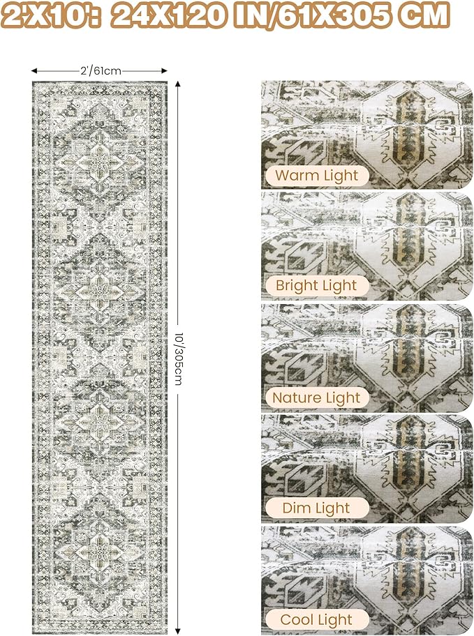 Runner Rug 2x10, Ultra-Thin Kitchen Rugs Non Slip Washable Rugs for Entryway Rug, Kitchen Runner Low Pile Vintage Soft Carpets for Living Room, Bathroom Bedroom (Grey/Beige,2'x10')