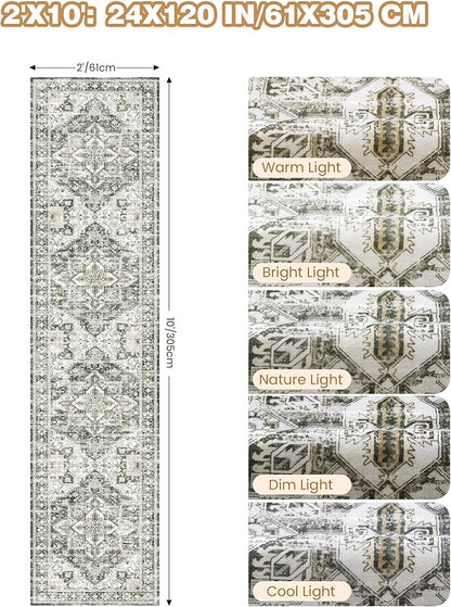 Runner Rug 2x10, Ultra-Thin Kitchen Rugs Non Slip Washable Rugs for Entryway Rug, Kitchen Runner Low Pile Vintage Soft Carpets for Living Room, Bathroom Bedroom (Grey/Beige,2'x10')
