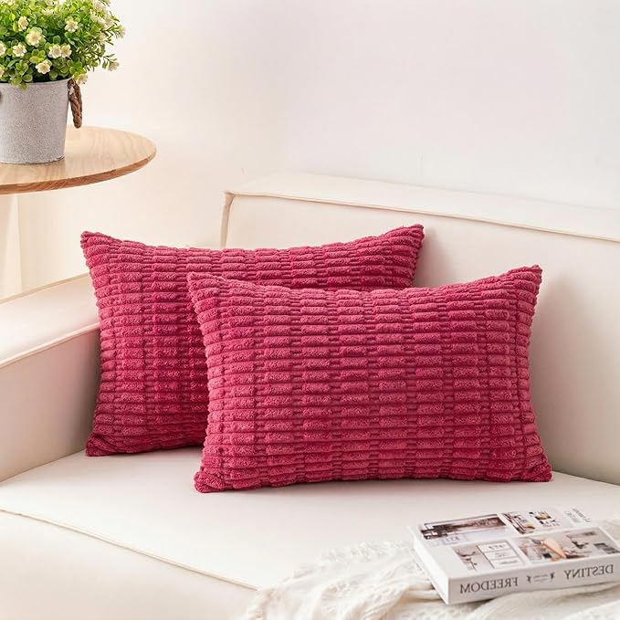 Pack of 2 Corduroy Decorative Throw Pillow Covers 12x24 Inch Soft Striped Pillow Covers Modern Farmhouse Home Decor for Sofa Living Room Couch Bed（Rose Red）