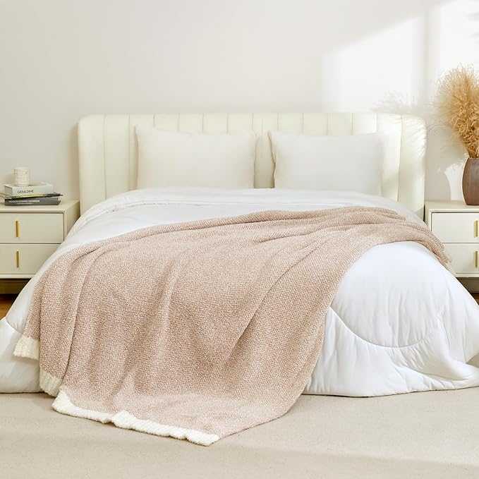 Snuggle Sac Super Soft & Reversible Heather Beige Throw - Oversized Cozy Knit Blanket for Bed, Sofa, Living Room, Twin Size (60x80 Inches)