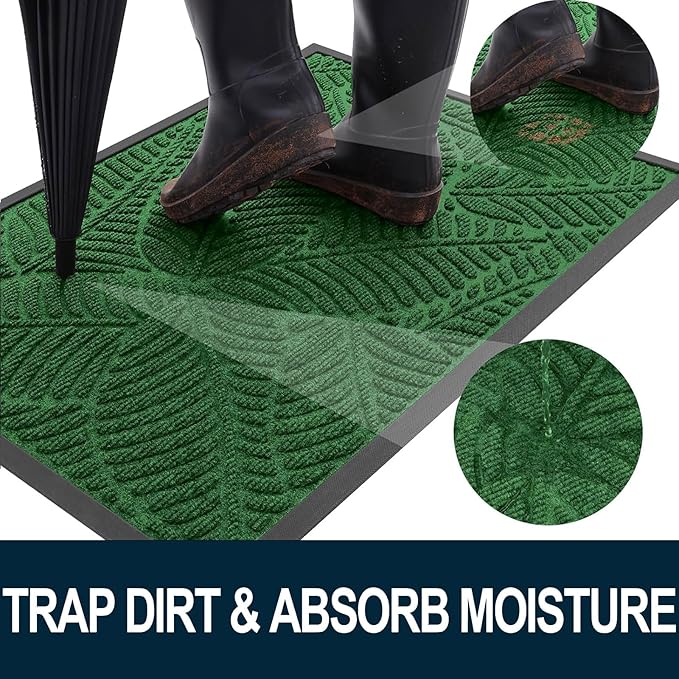 Colorxy Waterproof Doormat, Sturdy Natural Rubber Front Indoor Mat, Non Slip Low Profile Indoor Outdoor Door Mats, Stain and Fade Resistant Floor Mat, Easy Clean Patio Entrance Mat, 36''x24'', Green