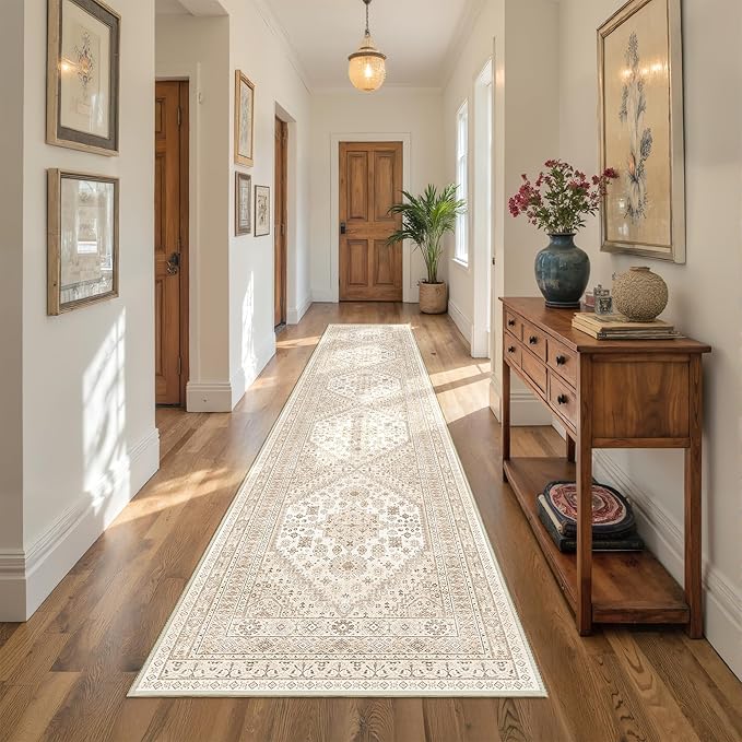 Hallway Runner Rug 2x12, Extra Long Washable Runner Rugs with Rubber Backing, Non Slip Runner, Vintage Rug Runners for Kitchen Laundry Room Entryway (Cream/Beige,2'x12')