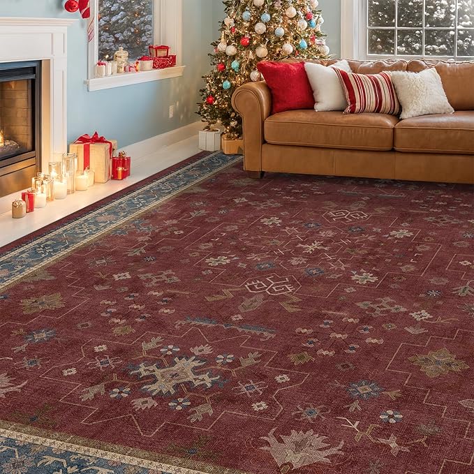 6x9 Dining Room Rugs for Under Table - Vintage Burgundy Boho Living Room Rug, Lightweight Washable Foldable Low Pile Carpet,Southwestern Bed Room Décor Aesthetic