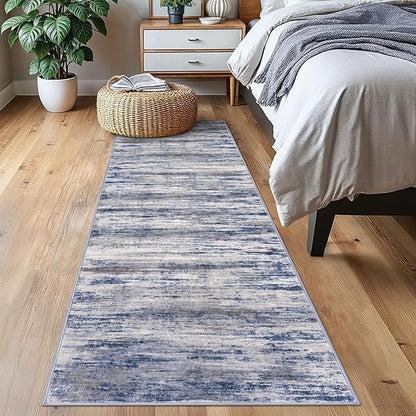 KOZYFLY Modern Abstract Washable Rug Runner 2x7 Hallway Runner Rug Non-Slip Soft Kitchen Runner Rugs, Print Grey-Blue Striped Carpet Runner for Entryway Bathroom Laundry Room Foyer