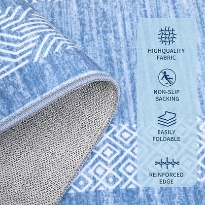 GarveeHome Modern Geometric Area Rug 2x3 Distressed Bordered Washable Non Slip Floor Small Carpet Non Shedding Thin Soft Low Pile Rug, Contemporary Gray Rug for Dining Room, Living Room Light Blue