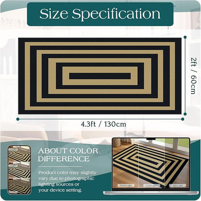 Front Door Mat Indoor Entrance - 2x4.3 Ft Modern Washable Layered Doormat Outdoor Entrance Porch Rug Non-Slip Black Tan Geometric Border Runner Rug for Kitchen Bedroom Laundry Room Porch Decor