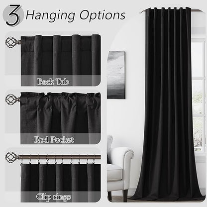 Guken Black 100% Blackout Curtains 120 Inch Length 2 Panels Set for Living Room Bedroom Back Tab Thermal Insulated Black Out Linen Drapes Room Darkening Window Curtains,52x120
