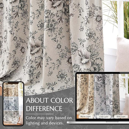 jinchan Blackout Floral Curtains for Living Room Bedroom Linen Blend Curtain Farmhouse Black Printed with Lined Back Tab Rod Pocket Drapes Window Treatments 2 Panels 84 Inch