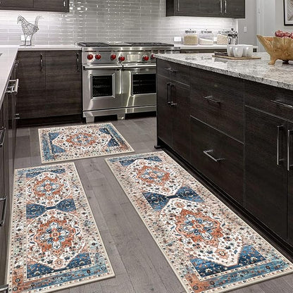 HEBE Boho Kitchen Rug Sets 3 Piece with Runner Non Slip Kitchen Rugs and Mats Washable Kitchen Mats for Floor Thick Kitchen Floor Mat Carpet Runner Rugs for Hallway Laundry Holiday Decor
