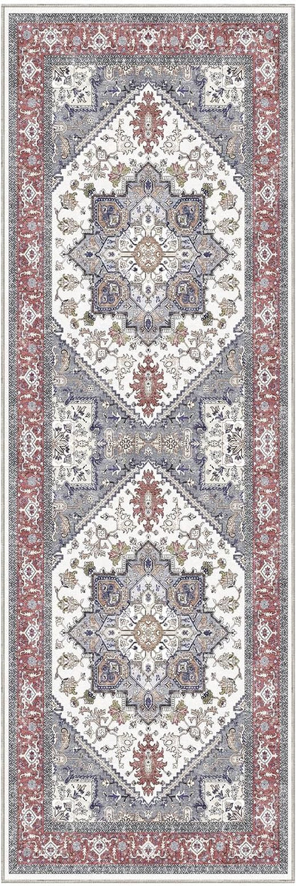 OPPODREAM Soft Entryway Rug 2x6, 2x6 Rug Runner, Washable Hallways Carpet 2 x 6 with Non Slip Backing, Low-Pile Bedside Carpet 2 x 6, Long, Faux Cashmere, Red & Grey