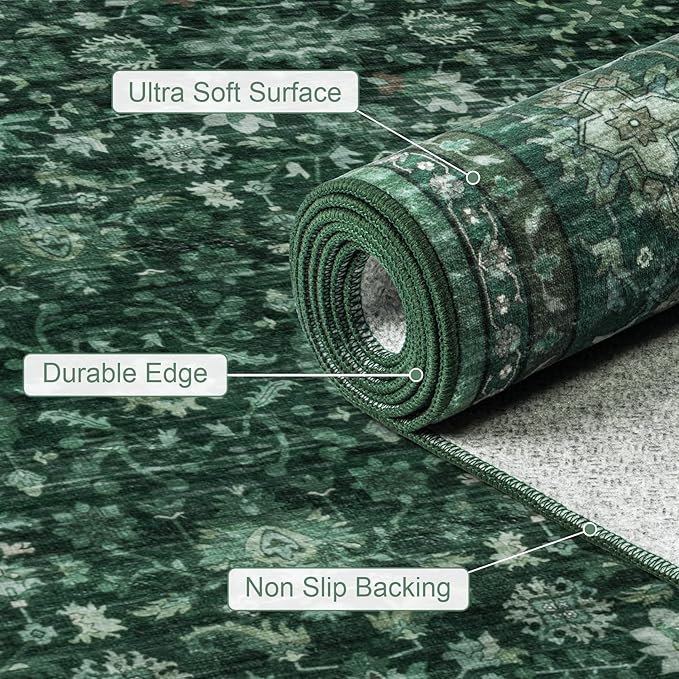8x10 Area Rugs for Living Room: Washable Rug Soft Vintage Distressed Floral Carpet Indoor Non-Slip Stain Resistant Large Carpets for Bedroom Dining Room Farmhouse Nursery Home Office Deep Green