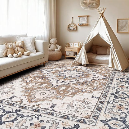 Lofus 6x9 Area Rugs for Living Room, Washable Area Rug, Rugs for Bedroom, Kitchen, Vintage Boho Carpet, Soft Non-Slip, Low Pile Large Area Rug for Office Dining Room, Floral Brown