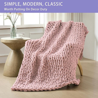 Bigacogo Chunky Knit Throw Blanket for Couch, 60x80 inches, 100% Hand Knitted with Thick Jumbo Chenille Yarn, Cozy Soft Large Rope Knot Cable Crochet Blankets for Sofa Bed Living Room, Dusty Pink