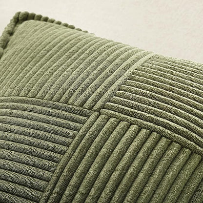 MIULEE Spring Decorative Throw Pillow Covers for Couch Bed Livingroom 20x20 Inch Set of 2 Olive Green Boho Accent Throw Pllows Broadside Striped Patchwork Soft Corduroy Summer Pillowcases