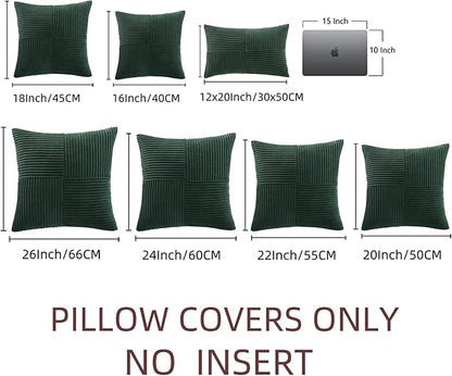 Fancy Homi Set of 2 Dark Green Decorative Throw Pillow Covers 22x22 Inch for Living Room Couch Bed, Boho Farmhouse Forest Green Home Decor, Soft Corss Corduroy Patchwork Textured Cushion Case