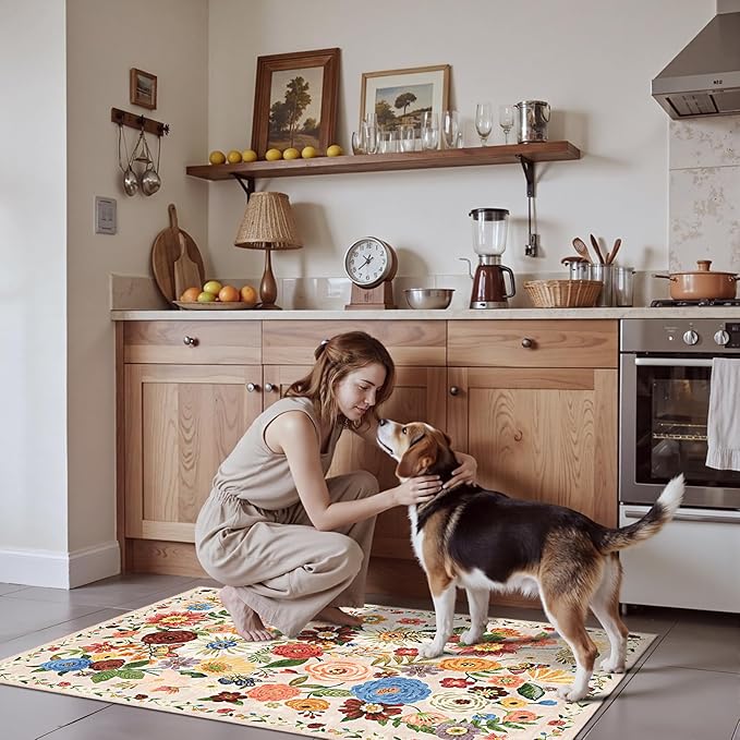 2x4 Entryway Runner Rugs, Non Slip Washable Rugs with Rubber Backing Soft Floral Carpet Runner for Kitchen, Laundry, Bedroom, Bathroom(2 x 4, Beige Garden)