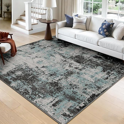 Washable Area Rugs Square 8ft Non-Slip Modern Abstract Soft for Living Room Entryway Bedroom Nursery, Print Pattern, Blue Black Teal