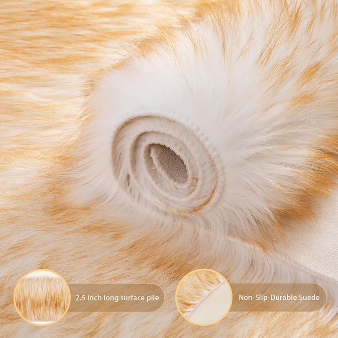 Ciicool Faux Sheepskin Rugs Soft Faux Fur Rug White Gradient Brown Fluffy Chair Couch Cover Fuzzy Carpet for Bedroom Floor Sofa Living Room 2x3 Feet
