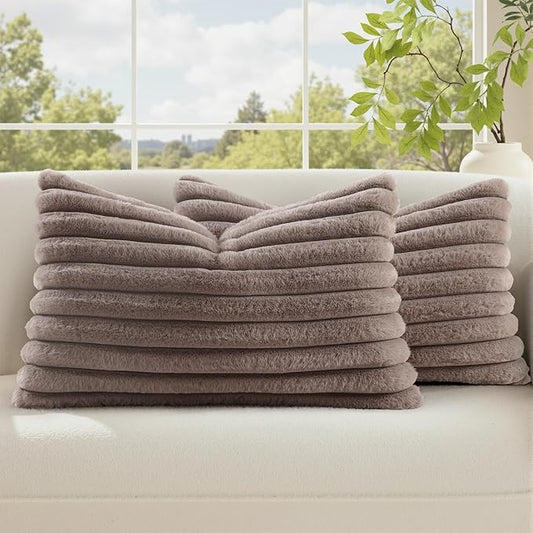 decorUhome Cozy Faux Fur Throw Pillow Covers 12x20 Set of 2 Decorative Soft Plush Striped Lumbar Modern Farmhouse Boho Couch Pillow Cases with Velvet Back for Sofa Bed Living Room, Light Coffee