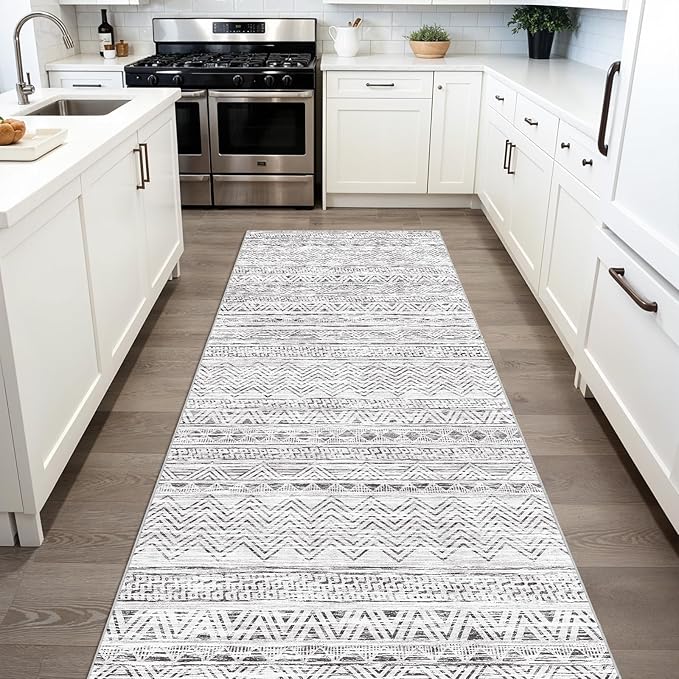 3x6 Washable Hallway Runner Rug - Moroccan Non-Slip Long Runners for Entryway Soft Modern Geometric Low-Pile Rugs for Kitchen Waterproof Neutral Carpet for Bedroom Bathroom Laundry 3x6 Grey