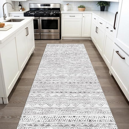 3x6 Washable Hallway Runner Rug - Moroccan Non-Slip Long Runners for Entryway Soft Modern Geometric Low-Pile Rugs for Kitchen Waterproof Neutral Carpet for Bedroom Bathroom Laundry 3x6 Grey