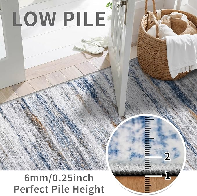 2x12 Washable Runner Rugs for Hallway: Long Abstract Runners for Entryway Dining Room Office - Stain and Water Resistant Rugs with Non-Slip Backing - Soft Low-Pile Carpet Navy Grey
