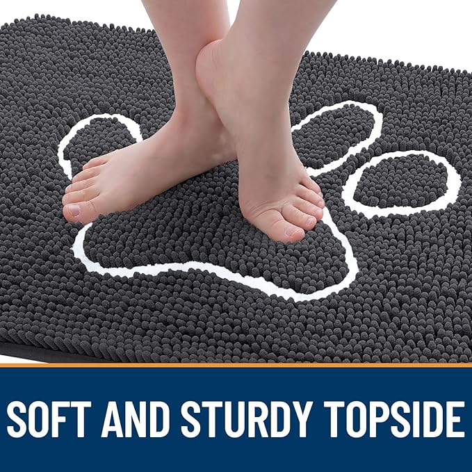 OLANLY Dog Door Mat for Muddy Paws 70x35, Paw Print Design, Absorbs Moisture and Dirt, Absorbent Non-Slip Washable Doormat, Quick Dry Chenille Mud Mat for Dogs, Entry Indoor Entryway Carpet, Dark Grey
