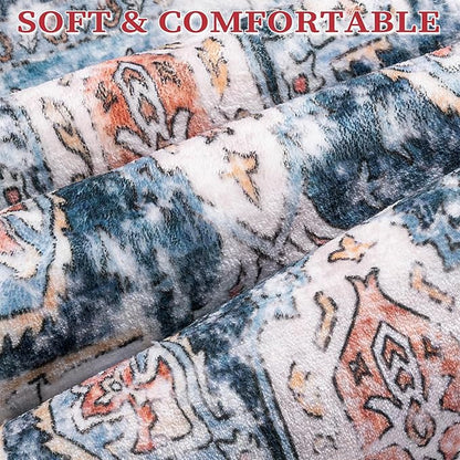 SERISSA Washable Rugs 9x12 Area Rugs, Large Non-Slip Blue Orange Living Room Rug, Ultra Soft Boho Vintage Print Distressed Oriental Farmhouse Carpet for Dining Room Bedroom Dorm Office Home Decor