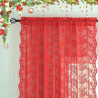 YJ YANJUN Vintage Lace Curtains 72 Inch Length 2 Panels for Bedroom-Victorian Floral Red Christmas Living Room Curtains with Scalloped Edges Farmhouse Embroidery Rod Pocket Privacy Christmas Decor