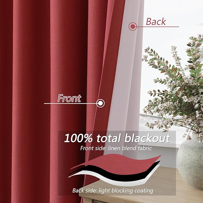 Guken 100% Blackout Linen Curtains 63 Inch Length 2 Panels Set for Living Room Bedroom Back Tab/Rod Pocket Thermal Insulated Black Out Drapes Room Darkening Farmhouse Window Curtains 52x63