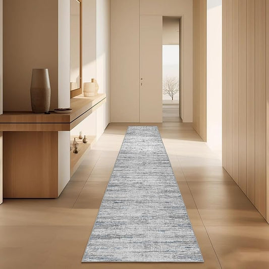 2x10 Runner Rug Non-Slip，Modern Abstract 10ft Washable Runner Rugs for Hallways, Ultra-Thin Long Kitchen Rug Runners,Stain Resistant Floor Carpet for Bedroom,Laundry Room,Entryway（Blue/Grey,2'x10'）