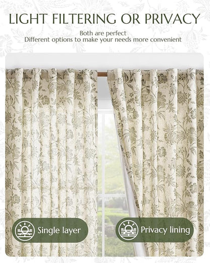 jinchan Lined Linen Floral Curtains for Living Room, 63 Inch Length Printed Flower Farmhouse Patterned French Country Back Tab Green Window Drapes Set Privacy Bedroom Curtains, 2 Panels