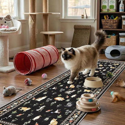2'6"x8' Washable Kitchen Runner Rug - Soft Low Pile Floral Animal Cat Print Rugs with Non-Slip Backing Waterproof Stain-Resistant Indoor Carpet for Hallway Entryway Bathroom Bedroom (Black)