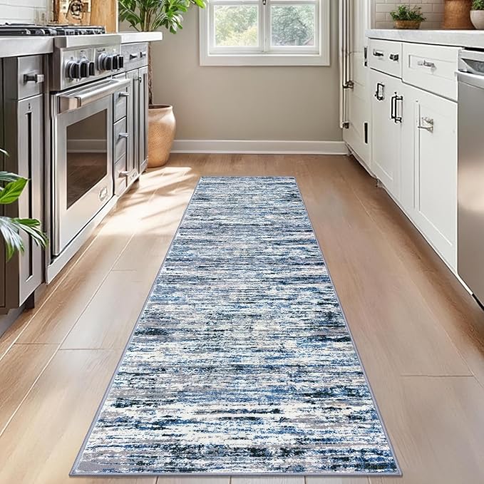Lansny Modern Abstract Bedroom Runner Rug 2x7, Grey Blue White Washable Kitchen Runner, Non-Slip Soft Thin Faux Wool Mat for Entryway, Hallway, Laundry Room, Indoor Home Decor