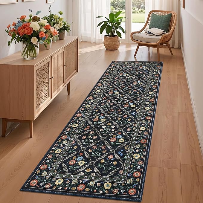 Washable Kitchen Rugs Non Slip 2x6 Hallway Runner Rug Stain Resistant Low Pile Floral Floor Rug with Rubber Backing Non Shedding Runners for Indoor Entryway Bedside Bedroom Farmhouse RV Navy&Black