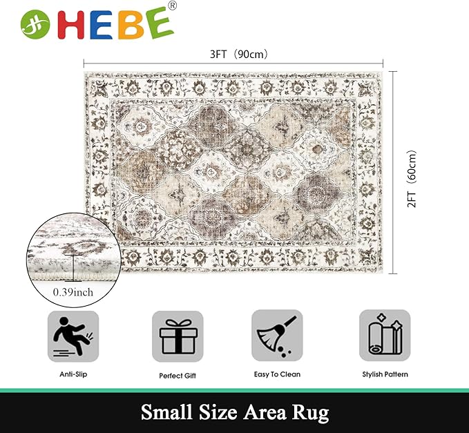 HEBE Washable Area Rug - 2'x3' Non Slip Soft Distressed Medallion Bedroom Boho Living Room Accent Throw Vintage Entry Floor Carpet for Dining Room Bathroom Entryway