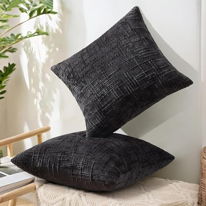 decorUhome Black Chenille Throw Pillow Covers 12x20 Set of 2 Textured Soft Cozy Slubby Couch Pillow Covers Modern Farmhouse Boho Decorative Pillow Cases for Bed Sofa Living Room