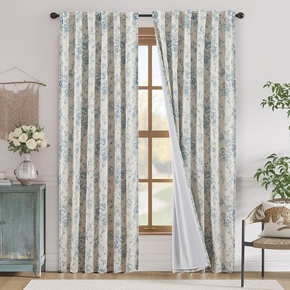 jinchan Blackout Floral Curtains for Living Room Bedroom Linen Blend Curtain Farmhouse Blue Printed with Lined Back Tab Rod Pocket Drapes Window Treatments 2 Panels 90 Inch