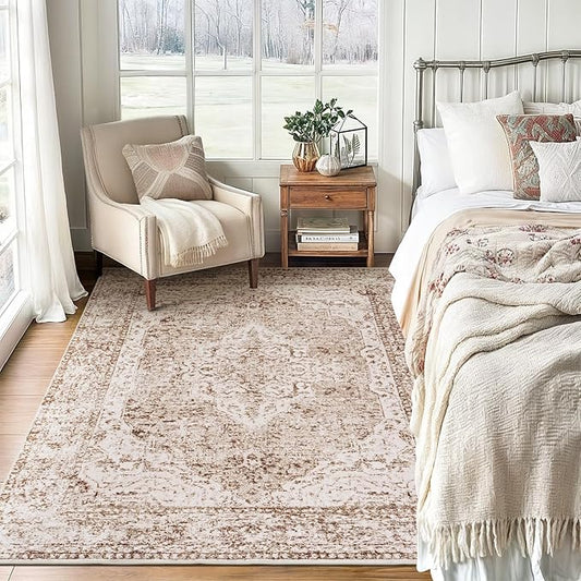 Lofus 3x5 Area Rugs for Living Room, Machine Washable Area Rug, Soft Small Rugs for Bedroom, Kitchen, Office and Indoor, Vintage Boho Carpet, Non-Slip Low Pile Carpets, Vintage Beige Brown
