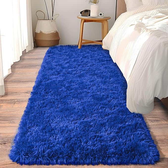 Soft Runner Rugs for Bedroom Hallways, 2x6 Royal Blue Fluffy Shag Throw Area Rug Non Slip for Bedside Dorm, Long Shaggy Furry Carpet for Nursery Living Room