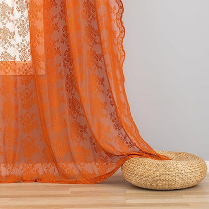 YJ YANJUN Vintage Lace Curtains 96 Inches Long- Rust Floral Terracotta Bay Window Curtains for Bedroom Living Room Rod Pocket Light Filtering 8 FT Farmhouse Boho Fall Decor 2 Panels 52Wx96L Orange