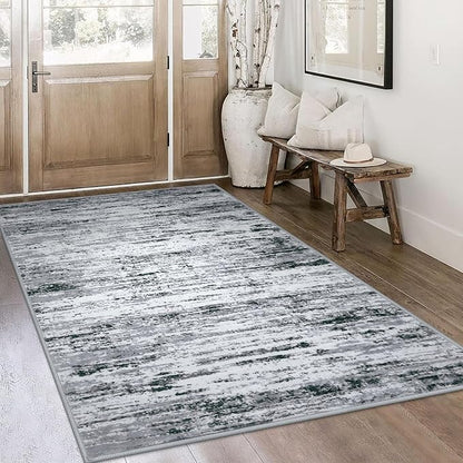 Lansny Modern Abstract 4x6 Living Room Washable Rug Non-Slip Soft Bedroom Area Rug Black Grey White Thin Print Faux Wool Floor Carpet Throw Rugs for Nursery Playroom Dining Room Indoor Home Decor
