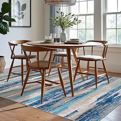 Lansny Modern Abstract 6x9 Machine Washable Living Room Rug Non-Slip Soft Bedroom Area Rug Blue Ultra Thin Print Faux Wool Floor Carpet Throw Rugs for Nursery Playroom Dining Room Indoor Office