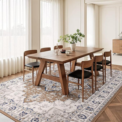 Rugflix 9x12 Area Rug for Living Room, Vintage Washable Area Rug Non Slip Backing Low Pile, Floral Soft Foldable Carpet for Bedroom Dining Room, Brown/Beige