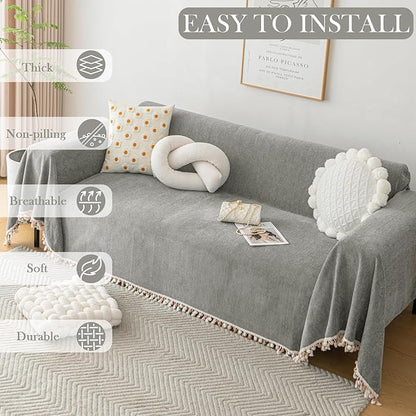 HANDONTIME Couch Slipcovers for Sofas Dark Grey Couch Cover Sofa Cover for Dogs Boho Pet Couch Protector with Tassel Chenille Herringbone Couch Cover for 2 3 Seat Washable Pet Friendly, 91" X134"