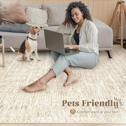 Living Room Rugs 8x10: Washable Moroccan Geometric Boho Rug Farmhouse Non Slip Stain Resistant Large Rug Low Pile Soft Carpet for Bedroom Dining Room Children Room (Beige,8'x10')