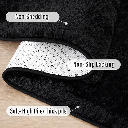 Amearea Shag Fluffy Area Rug for Bedroom Girls Living Room, Extra Soft and Fuzzy Shaggy Rugs, Non Slip, Solid Color Carpet Mat for Boys Nursery Home, Black 2x6 Feet