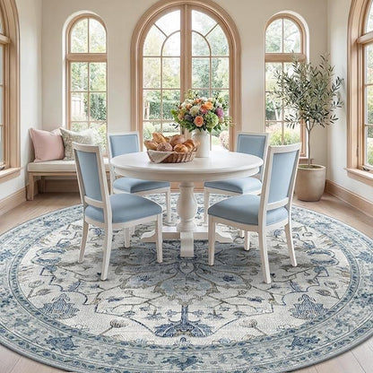 Area Rugs 8ft Washable Non-Slip, Floral Vintage Distress Print Pattern Medallion Carpet for Living Room Bedroom Dining Room, Light Blue Navy Beige Gray White